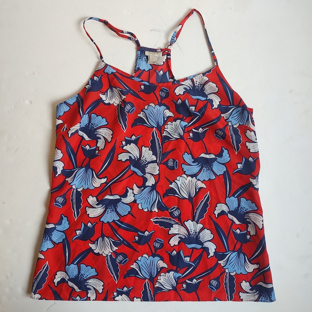 J Crew Floral Racerback Cami Tank Top Blouse Spaghetti Strap Red Blue White 8